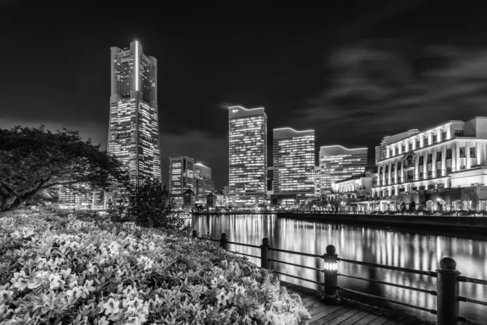 Viola, Melanie: Skyline idilliaca di Yokohama di notte - monocromatico