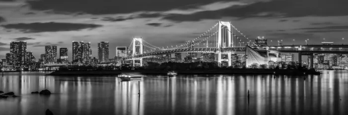Viola, Melanie: Lo splendido Rainbow Bridge e lo skyline di Tokyo al tramonto - panorama monocromatico