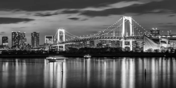 Viola, Melanie: Affascinante Rainbow Bridge e skyline di Tokyo al tramonto - panorama monocromatico