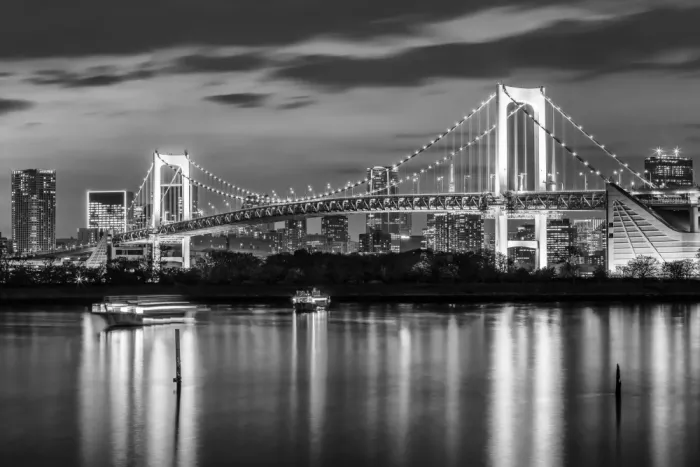 Viola, Melanie: Lo splendido Rainbow Bridge e lo skyline di Tokyo al tramonto - monocromatico