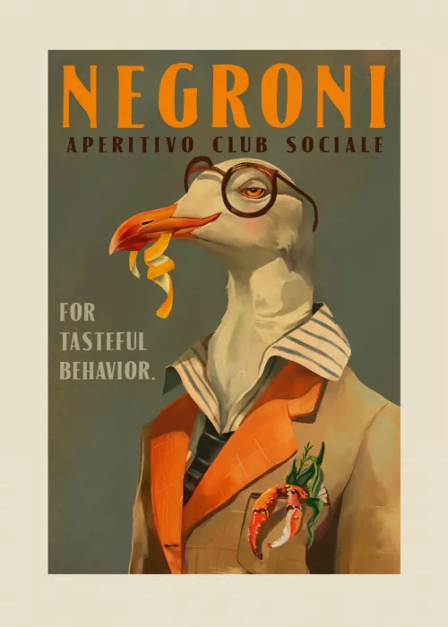 Ginger, Whiskey The: Póster Negroni Art Deco vintage de una gaviota elegante