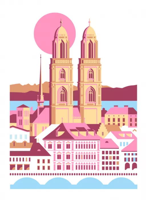 Illustration, Kava Tetiana: Ciudad de Zurich Suiza Montañas de verano suizas Ilustración urbana Cartel vintage