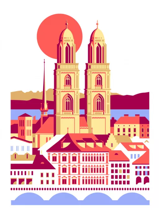 Illustration, Kava Tetiana: Ciudad de Zurich Suiza Montañas de verano suizo Ilustración urbana Cartel vintage