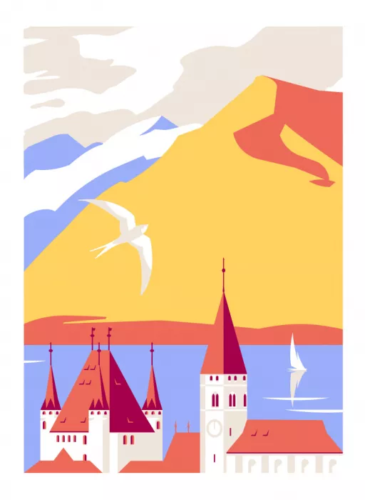 Illustration, Kava Tetiana: Ciudad de Thun Suiza Alpes Suizos Lago Thun Paisaje Vista de montaña