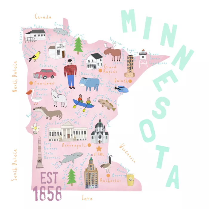 Daly, Carla: Ilustración de mapa de Minnesota con iconos estatales de Carla Daly