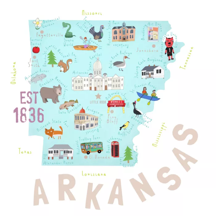 Daly, Carla: Mapa de Arkansas ilustrado por la artista Carla Daly