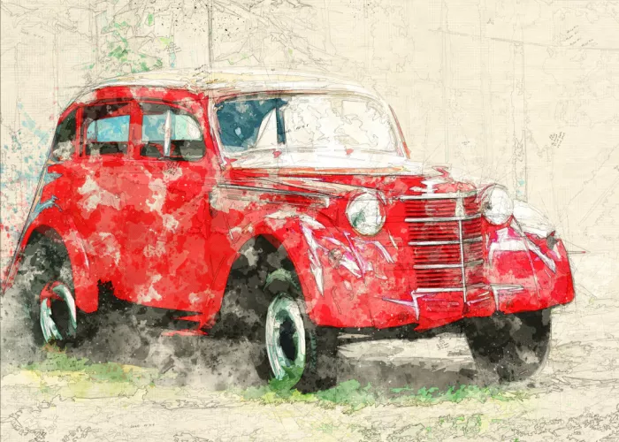 studio, senja Lembayung: Rotes altes Auto