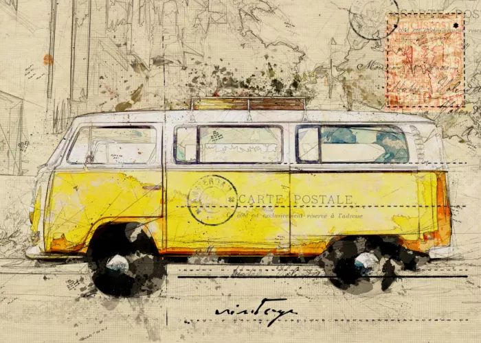 studio, senja Lembayung: Gelber Volkswagen Combi