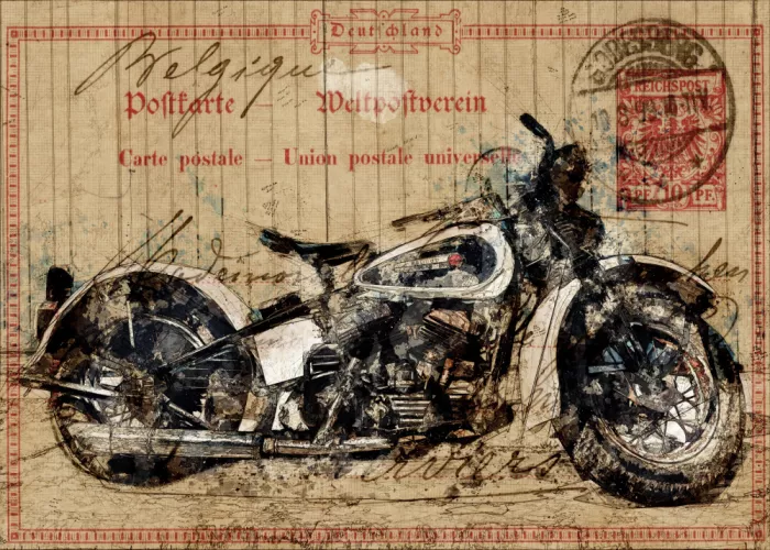 studio, senja Lembayung: Postkarte Motorrad Retro