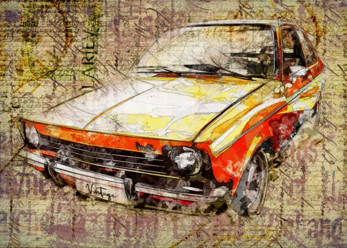 studio, senja Lembayung: Gelbes Retro-Auto