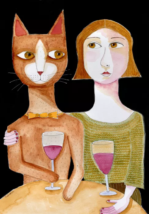 Bursic, Sharyn: Best Friends Cat and Lady drinking wine