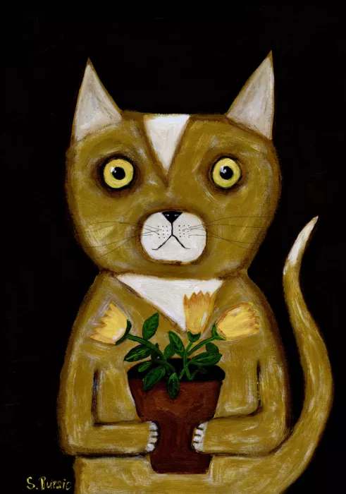 Bursic, Sharyn: Gatto con pianta in vaso su sfondo nero