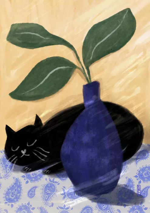 Nell, Dirkie: Sleeping Black Cat On Paisly Illustration