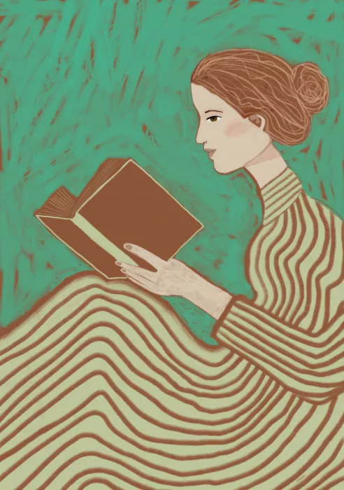 Bursic, Sharyn: Lady reading striped dress