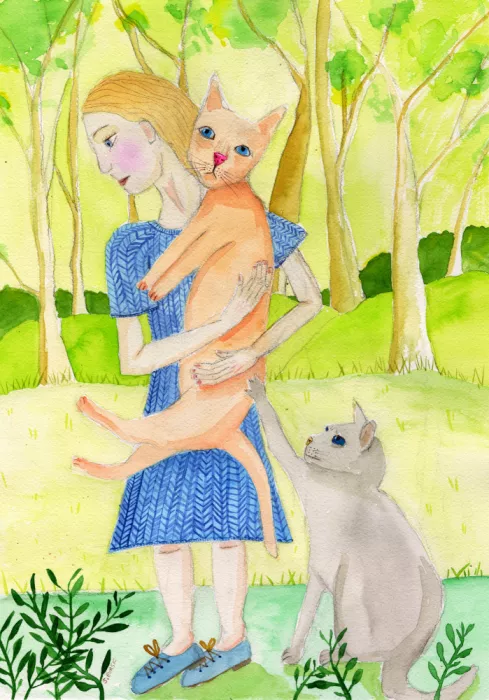 Bursic, Sharyn: Lady with the orange and grey cat.