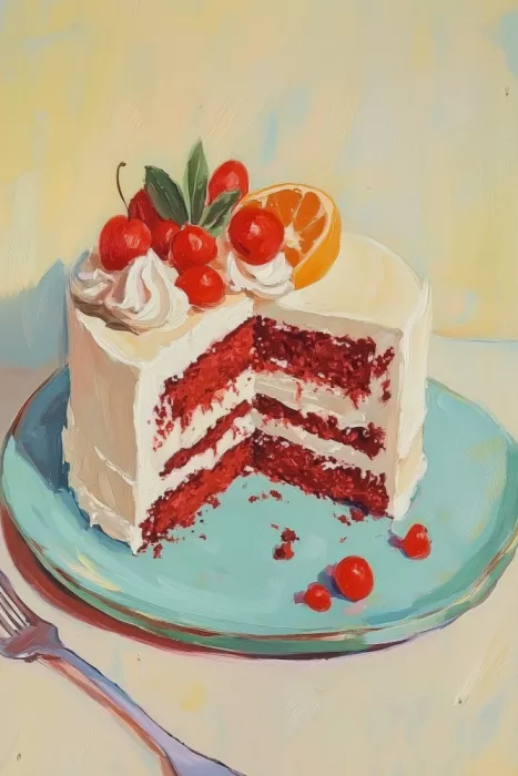 Prints, Art Melloi: Torta di Velluto Rosso con Frutta Fresca