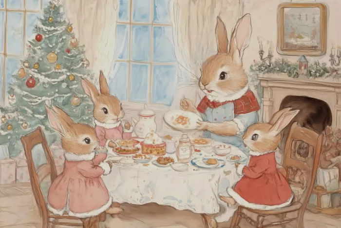 Prints, Art Melloi: Dîner de famille de lapins festif