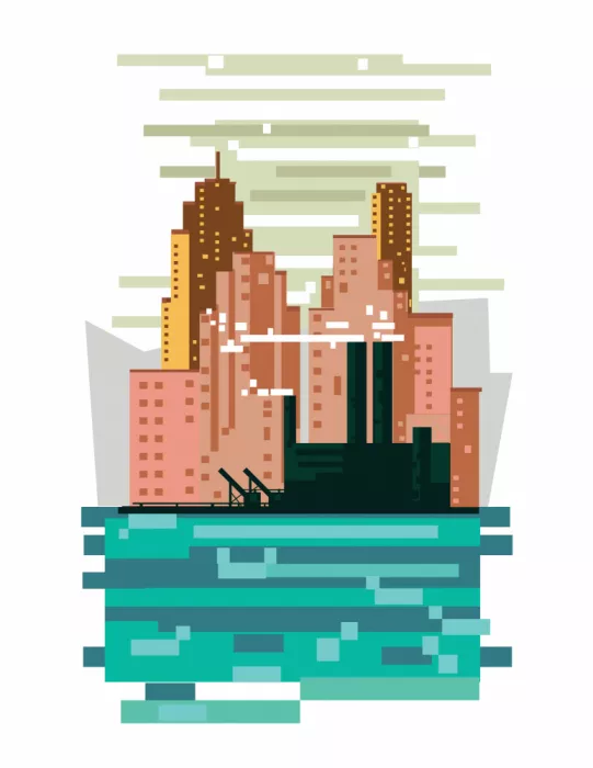 Nicholas: Paisaje urbano estilizado con arte pixelado
