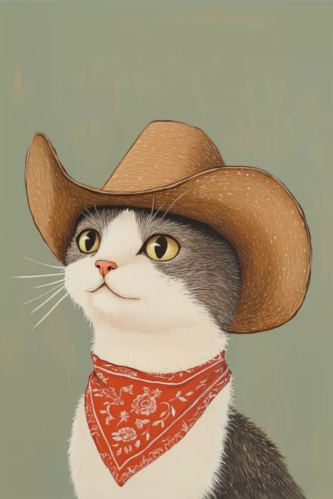 Prints, Art Melloi: Cowboy et chat British Shorthair