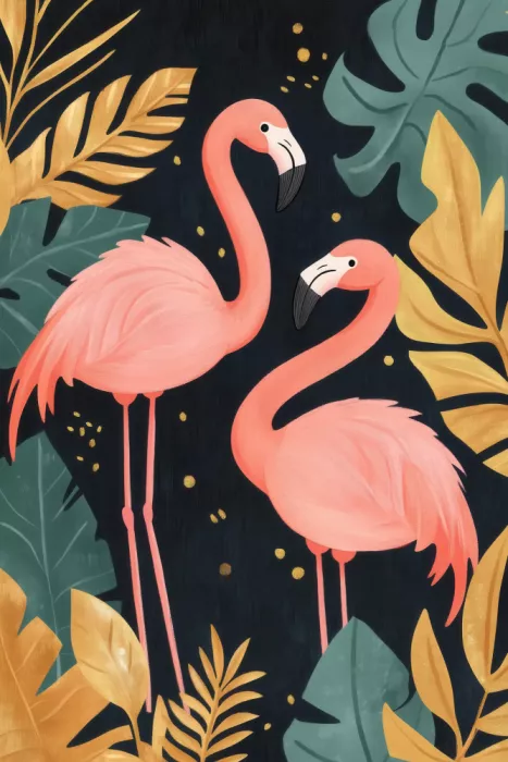 Prints, Art Melloi: Flamingos with Tropical Leaves