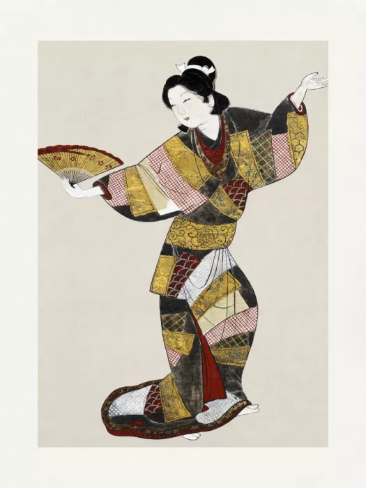Unknown: Japanische Tänzerin (17. Jahrhundert) Vintage-Gemälde mit Bordüre