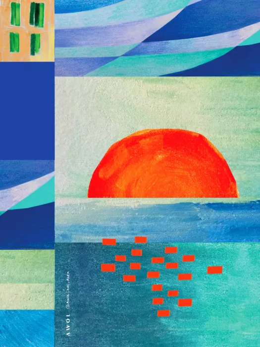 Alex, Art Awol: Mar Mediterráneo colorido con amanecer, arte costero abstracto