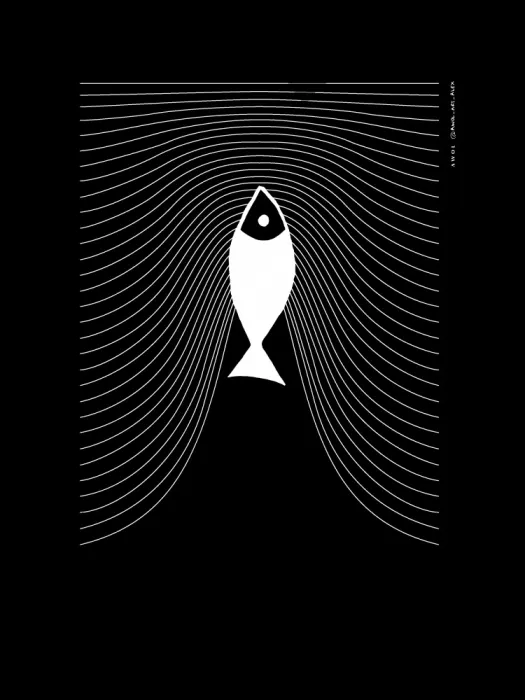 Alex, Art Awol: Pez minimalista en patrón geométrico abstracto de líneas, impresión de arte escandinavo