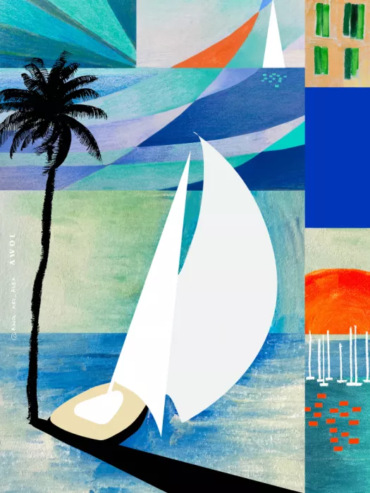Alex, Art Awol: Estampa de viaje mediterránea colorida con amanecer y palmera
