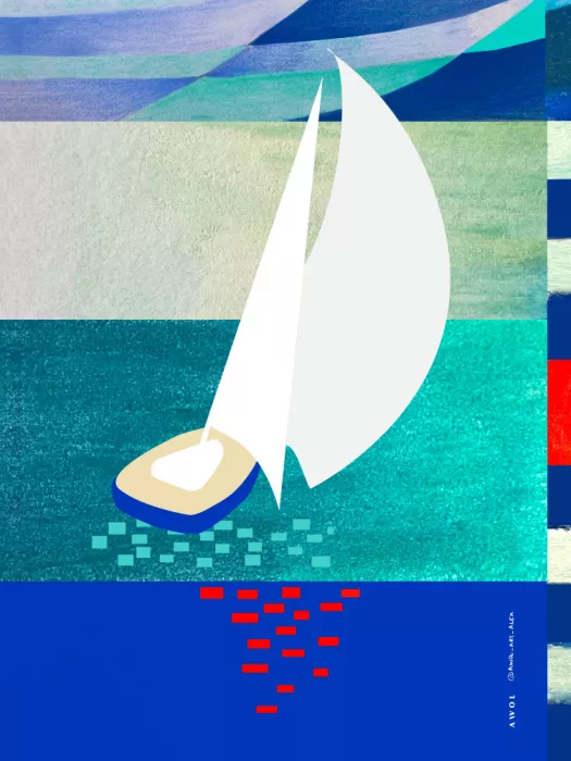 Alex, Art Awol: Velero blanco con reflejos, arte marino abstracto con rayas gráficas