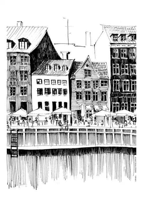 Alex, Art Awol: Kodaňský art print, cestovní ilustrace Dánska s kavárnami u vody