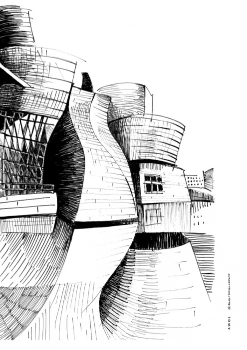Alex, Art Awol: Budova Guggenheim v Bilbau, kresba moderní architektury