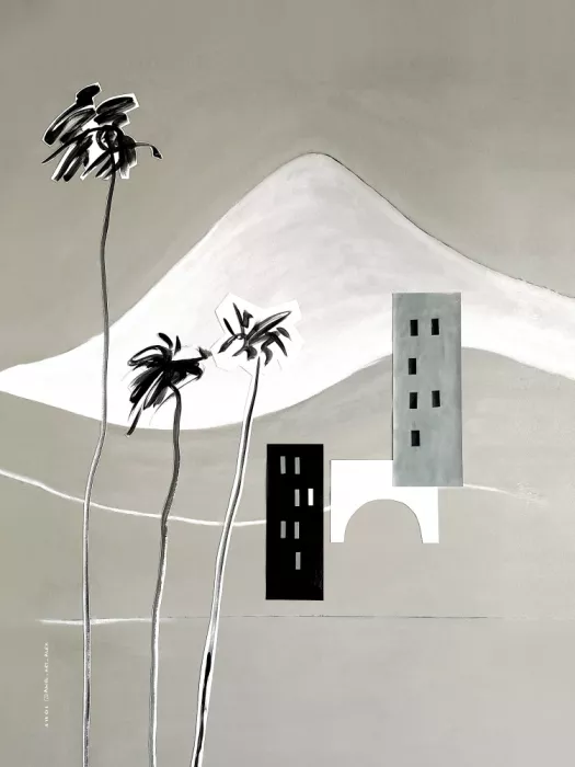 Alex, Art Awol: Estampa de Arte Minimalista Palmera con Alpes, Estampa de Arte Mediterráneo Moderno