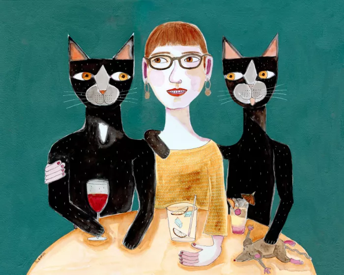 Bursic, Sharyn: Dame avec ses deux chats noirs prenant un verre