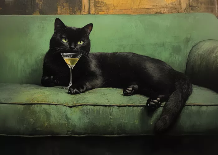 Studio, Pictufy: Gatto a riposo su divano verde Martini 001