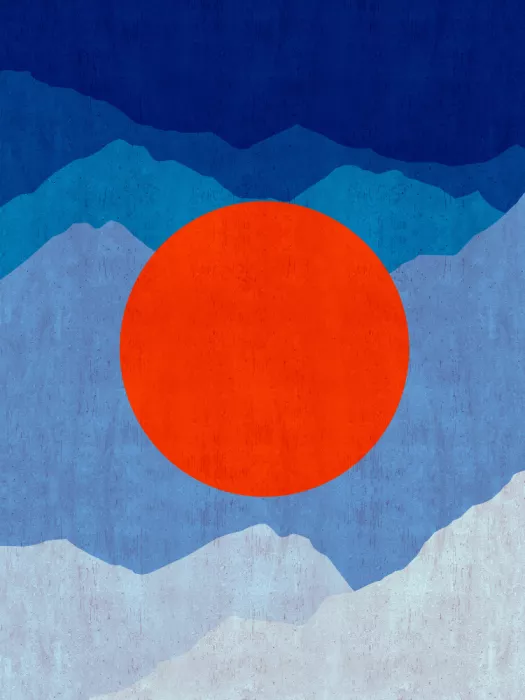 Costa, Vitor: Vibrant Red Circle Against Layered Blue Mountains