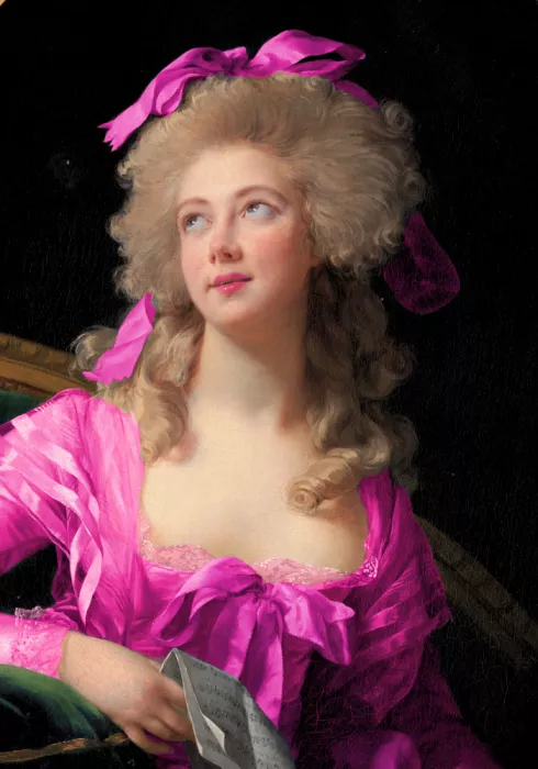 Fritsch, Athene: Donna in abito rosa vivace e nastro