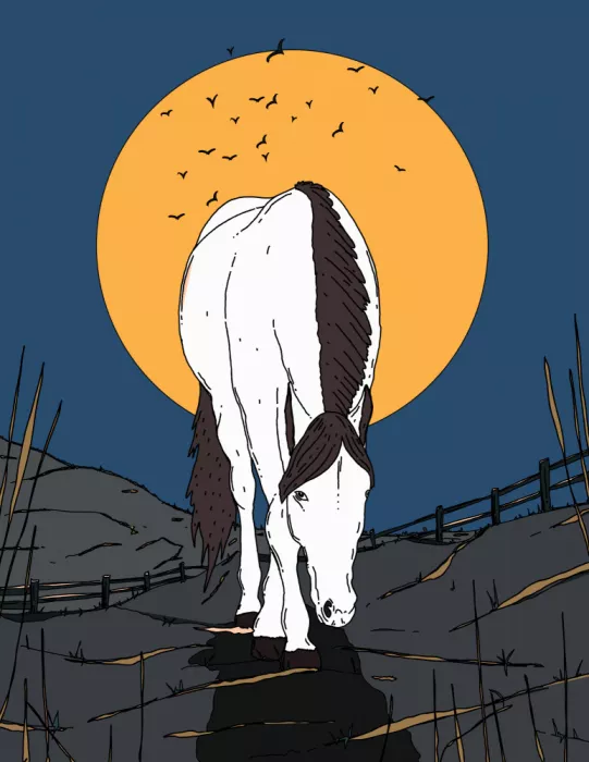 Nicholas: Caballo contra un fondo naranja vibrante iluminado por la luna