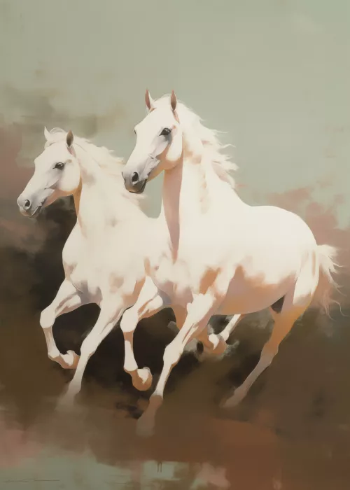Magnusson, Andreas: Zwei elegante weiße Pferde im Galopp