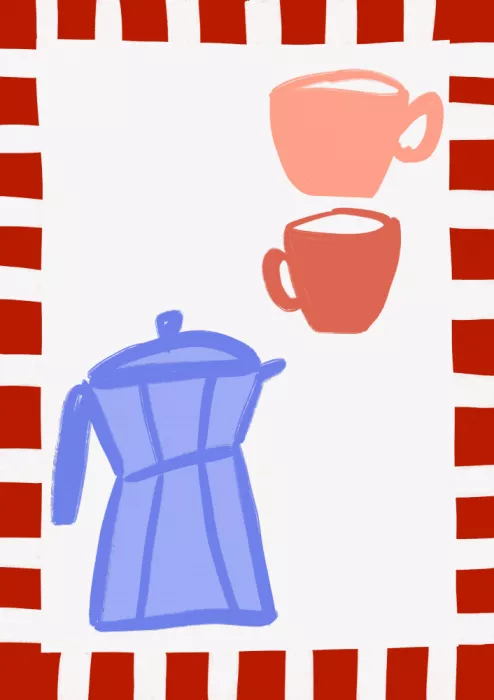 Fritsch, Athene: Caffettiera blu minimalista e due tazze rosa