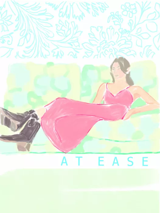 Tubach, Beate: Mujer en vestido rosa con pose relajada