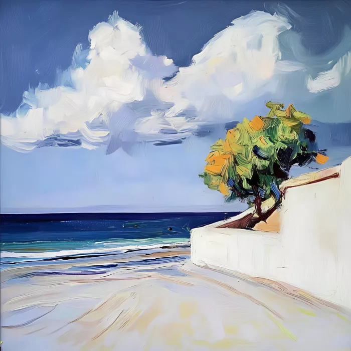 Elena, Avanesova: Vista serena de playa con árbol y nubes dramáticas