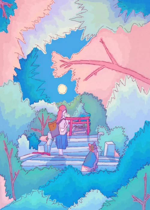 Wade, Stephen: Girl With Her Cat Under A Moonlit Sky