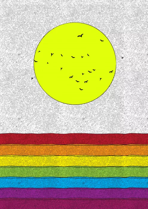 Nicholas: Sole giallo brillante con uccelli in volo