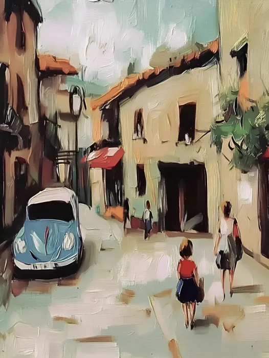 Elena, Avanesova: Escena callejera con coche vintage