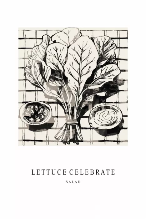 cartissi: Ilustración en tinta blanca y negra de ingredientes de ensalada