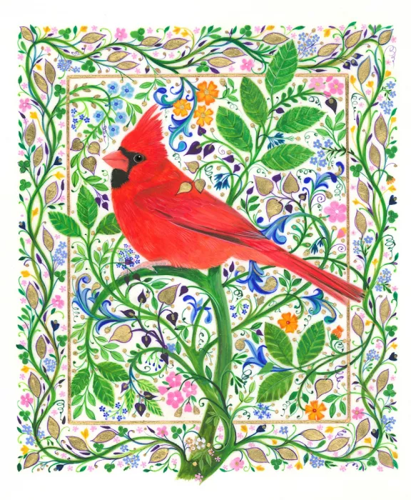 Brent, Isabelle: Cardenal posado en ramas floridas