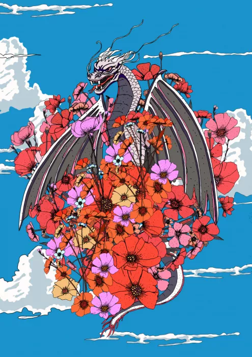 Nicholas: Dragón mítico y flores