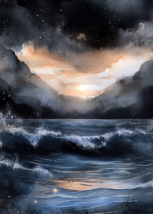 Jaszke, Justyna: Paisaje marino tormentoso - pintura en acuarela