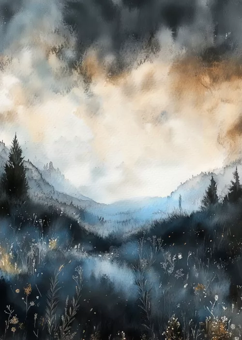 Jaszke, Justyna: Misty mountains watercolor painting