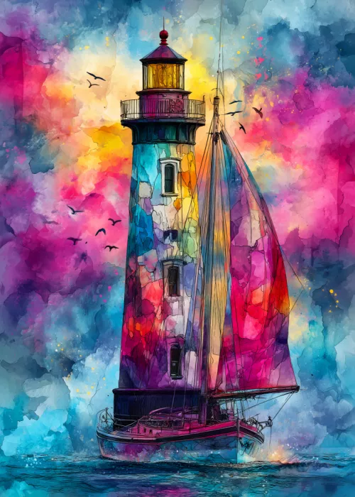 Jaszke, Justyna: Nautica Sea Art Watercolor  Lighthouse and ship (6)
